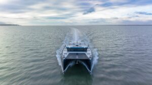 A catamaran on the open ocean