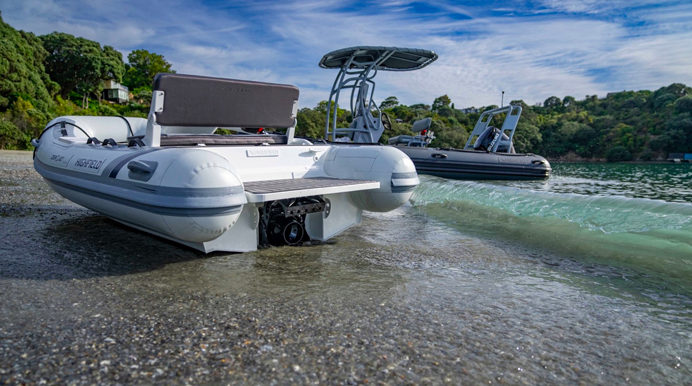 electric jet tender from Highfield Boats on a beach