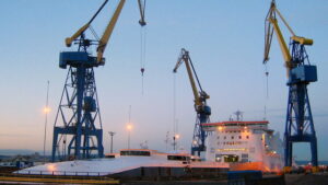 'Isle of Inishmore' and 'Jonathan Swift' in Belfast. The Irish Ferries operated vessels 'Jonathan Swift' and 'Isle of Inishmore', seen here in dry dock at Harland and Wolff in Belfast.