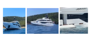 Three pictures of Ethos superyacht taking on water in Greece after tender garage door left open. First is yacht in shallow water, then with list, then close up of starboard