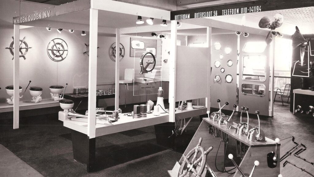 Black and white picture of Vetus' stand at boat show - part of its original marine marketing strategy