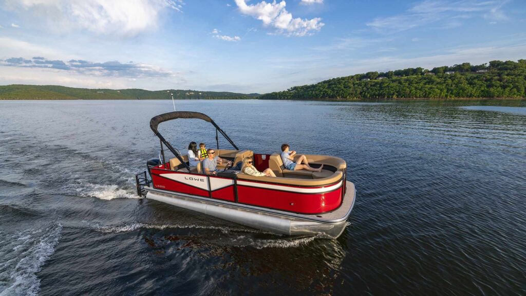 pontoon boat on US lake with gorup onboard