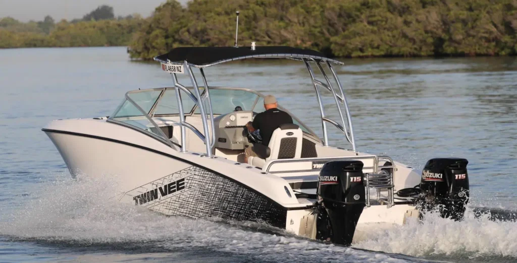 A Twin Vee boat on the water. The marine company will begin to accept cryptocurrency like bitcoin