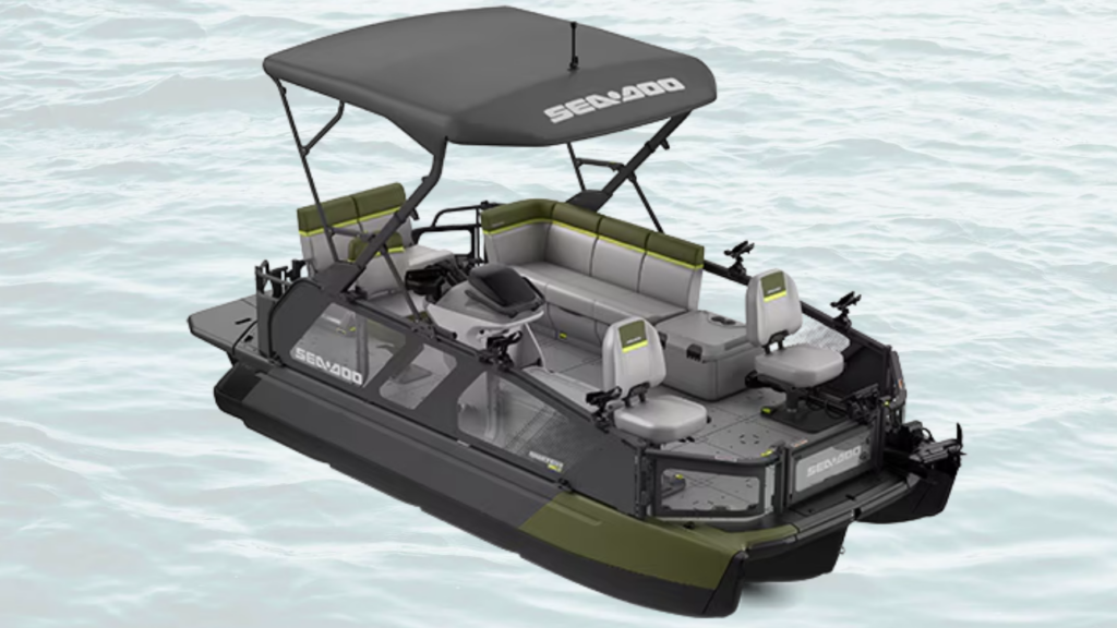 Rendering of small fishing pontoon boat with awning