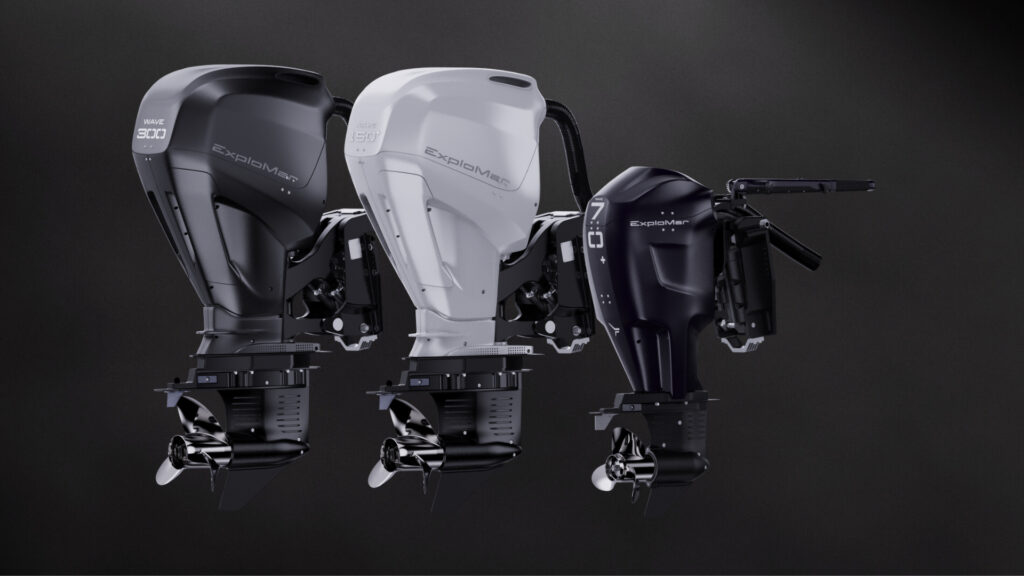 ExploMar electric outboards lined up in a row