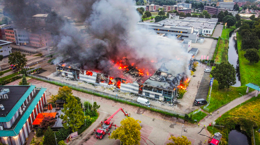 Aerial view of Allpa as flames ravage the distribution centre in the Netherlands