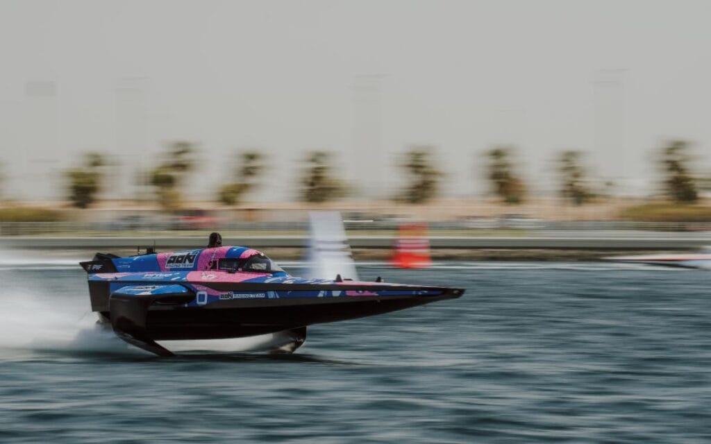 Aoki Racing Team Racebird foiling boat flies across the water in Jeddah