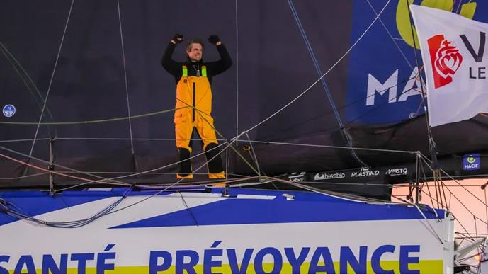 Charlie Dalin, skipper of MACIF Santé Prévoyance, is pictured after winning the 2024 Vendée Globe, on January 14, 2025 in Les Sables d'Olonne, France. Image courtesy of Jean-Marie Liot and Alea.