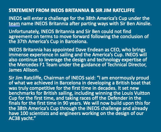 Jim Ratcliffe statement about Ineos firing Ben Ainslie