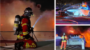 Firefighters shown in three images fighting blaze on m/y Naisca IV