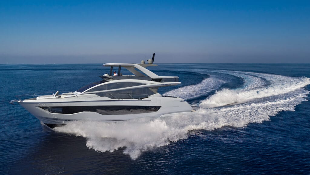 Large luxury 60-foot motor yacht with wake