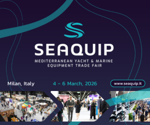 Graphic promoting SEAQUIP, a Mediterranean yacht and marine equipment trade fair in Milan, Italy, from 4-6 March 2026.