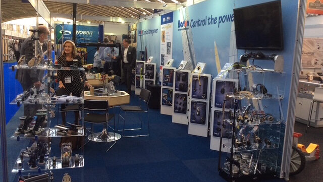 View of Barton Marine display stand with many items that shows the pain of completing paperwork and the red tape needed after Brexit when exhibiting abroad