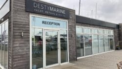 Marina office entrance Desty Marine sign above door