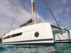 Looking from the sea upwards at a Dream Yachts Worldwide Fountaine Pajot as charter company argues for sustainability to remain at forefront of marine industry in current political climate