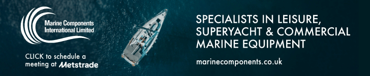 Banner with an aerial view of a yacht in open water advertising Marine Components International, specialists in leisure, superyacht and commercial marine equipment.