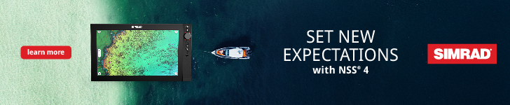 Aerial view of a boat on water alongside a Simrad NSS 4 display showcasing vibrant underwater graphics with the text "Set New Expectations" to promote advanced marine navigation technology.