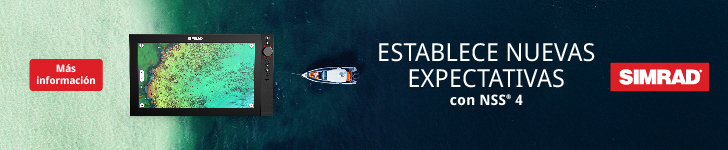 Aerial view of a boat on water alongside a Simrad NSS 4 display showcasing vibrant underwater graphics with the text "Set New Expectations" to promote advanced marine navigation technology.
