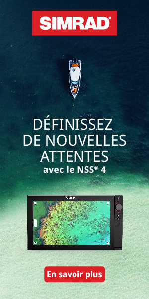 Aerial view of a boat on water alongside a Simrad NSS 4 display showcasing vibrant underwater graphics with the text "Set New Expectations" to promote advanced marine navigation technology.