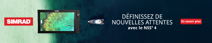 Aerial view of a boat on water alongside a Simrad NSS 4 display showcasing vibrant underwater graphics with the text "Set New Expectations" to promote advanced marine navigation technology.
