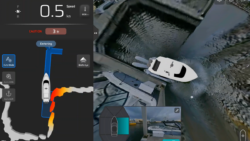digital image screenshot of display showing birdseye biew of boat docking