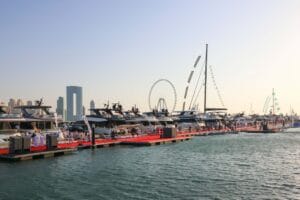 Dubai boat show pontoons with city in the background