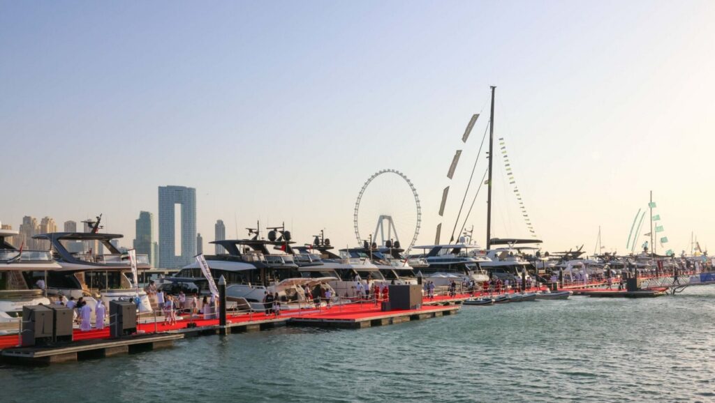 Dubai boat show pontoons with city in the background