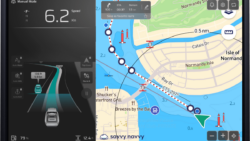 The Savvy Navvy digital navigation display shows a boat cruising at 6.2 knots on the left, while a detailed nautical chart with a plotted route near Normandy Isle appears on the right, complete with waypoints and navigational aids. marine industry news