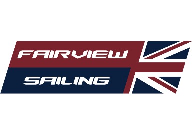 Logo for Fairview Sailing, featuring bold text and a stylised Union Jack flag in red, navy and white colours.