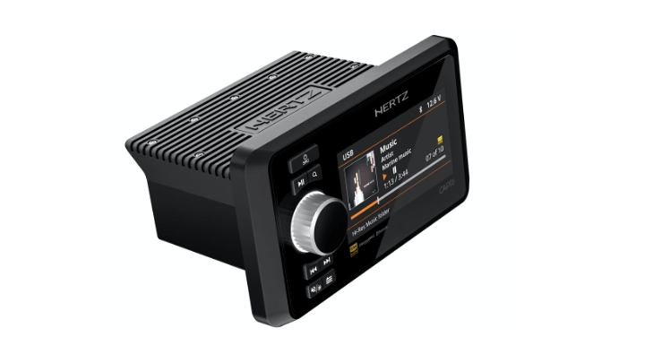 A stereo from Hertz Marine shown out of its mounting position