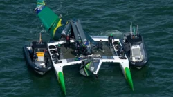 SailGP hydrofoil boat from above after wing collapse