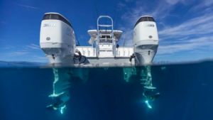 View of boat from water with two outboard motors - this is one of Twin Vee's powercats