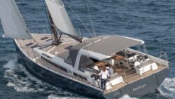 Grey hulled luxury Beneteau sailing boat