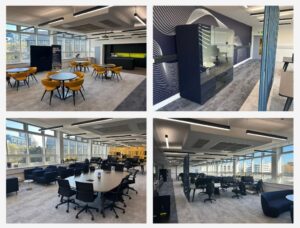 four pictures of office meeting space