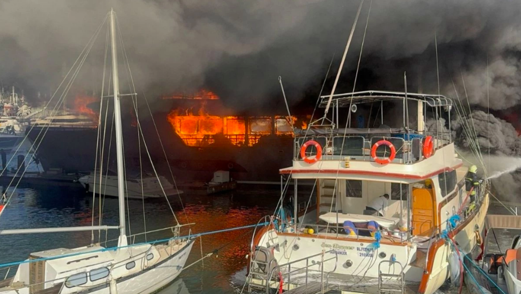 Boats on fire in marina in Turkey