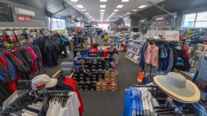 The inside of a chandlery with marine clothes, kit, and many more useful items for boaters. This is Morgan Marine's physical shop