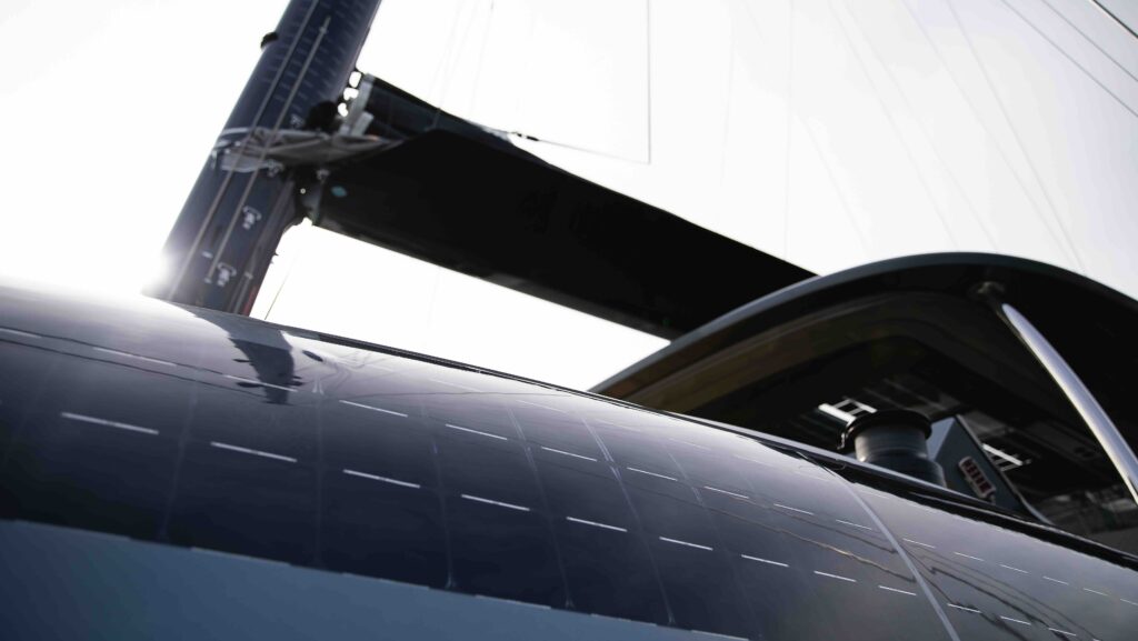 close up solar panels on hull of luxury catamaran