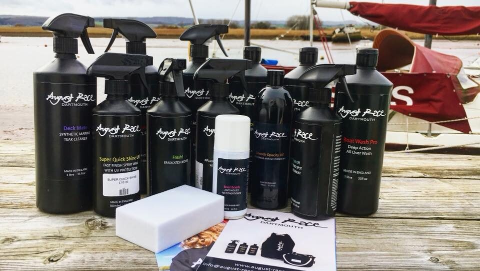 August Race marine cleaning bottles and sprays on pontoon