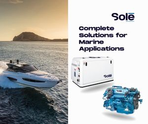 A sleek boat glides over the water, with a generator and engine images below, promoting Sole's complete marine solutions.