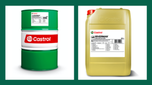A green drum and a gold pack containing Castrol Rivermax oil