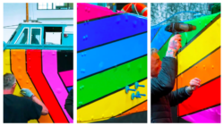 Glorious rainbow colours being wrapped around a Falklands landing craft to commemorate Pride.