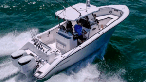 Aerial view of Twin Vee boat and its wake