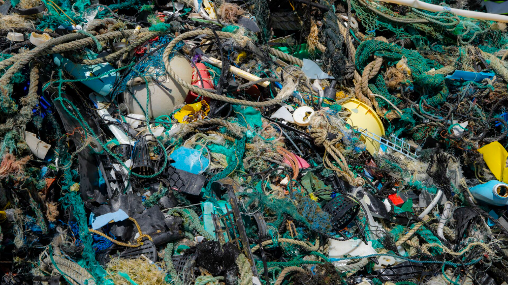 fishing nets, buoys and other garbage collected by the the Ocean Cleanup from the GPGP