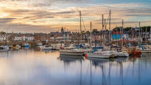Anstruther Harbour and town, Fife, Scotland, late summer evening.