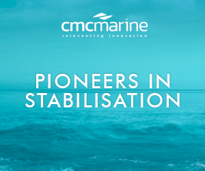 Advert for CMC Marine with teal coloured background of waves and a horizon, with “Pioneers of stabilisation” and representations of the electric thrusters, stabilisers and rudders.