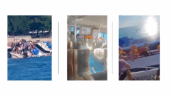 Three images showing Bali boat capsize. First shows ship listing with 89 onboard, second shows interior flooding with seats underwater, third shows tourists clinging to hull