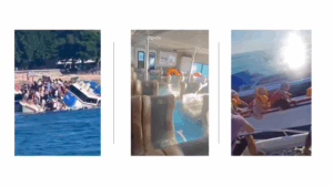 Three images showing Bali boat capsize. First shows ship listing with 89 onboard, second shows interior flooding with seats underwater, third shows tourists clinging to hull