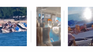 Three images showing Bali boat capsize. First shows ship listing with 89 onboard, second shows interior flooding with seats underwater, third shows tourists clinging to hull