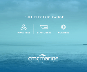 Advert for CMC Marine with teal coloured background of waves and a horizon, with “Pioneers of stabilisation” and representations of the electric thrusters, stabilisers and rudders.