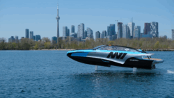 Envgo electric hydrofoiling boat seen on water